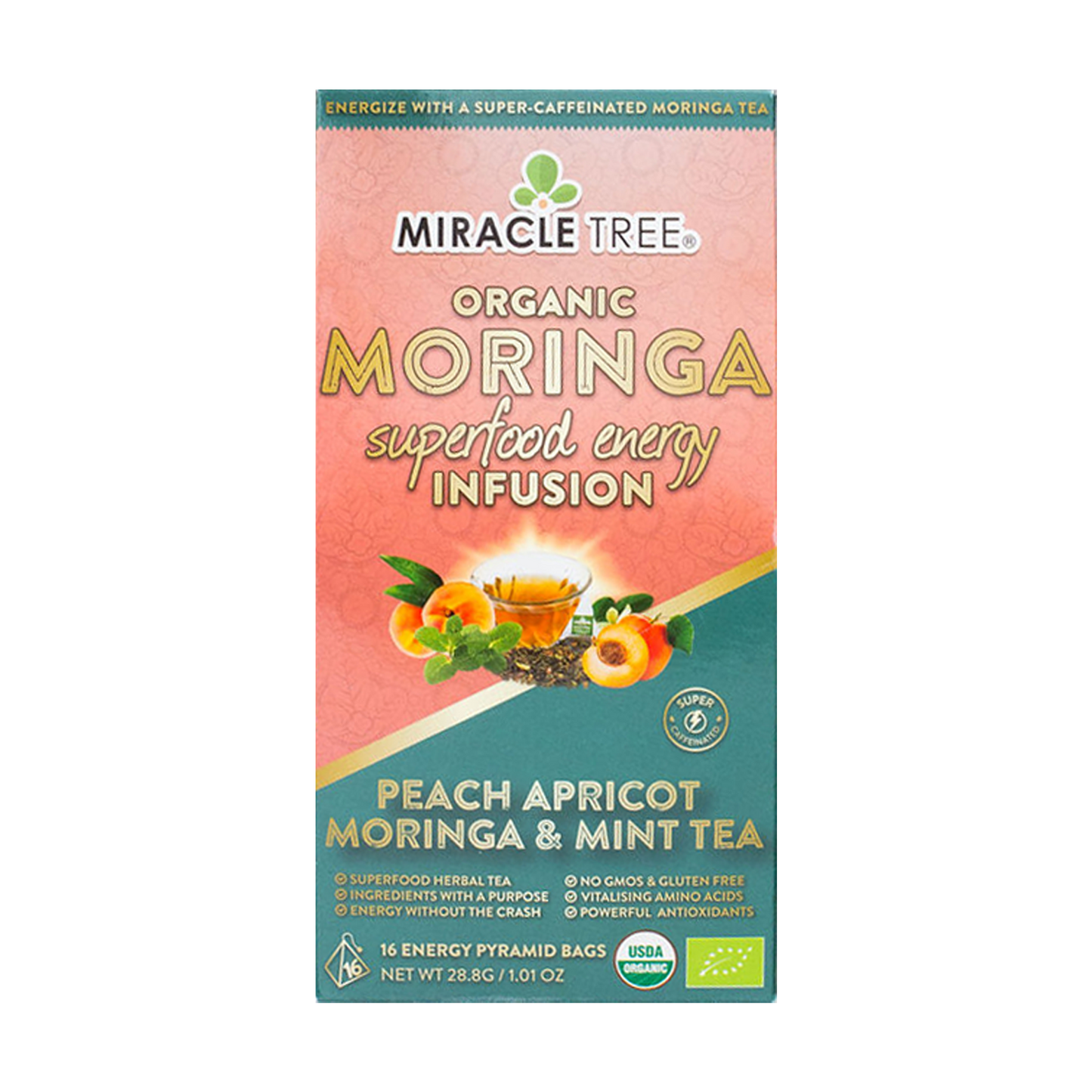 Té energético de moringa de Miracle Tree, melocotón, menta y albaricoque
