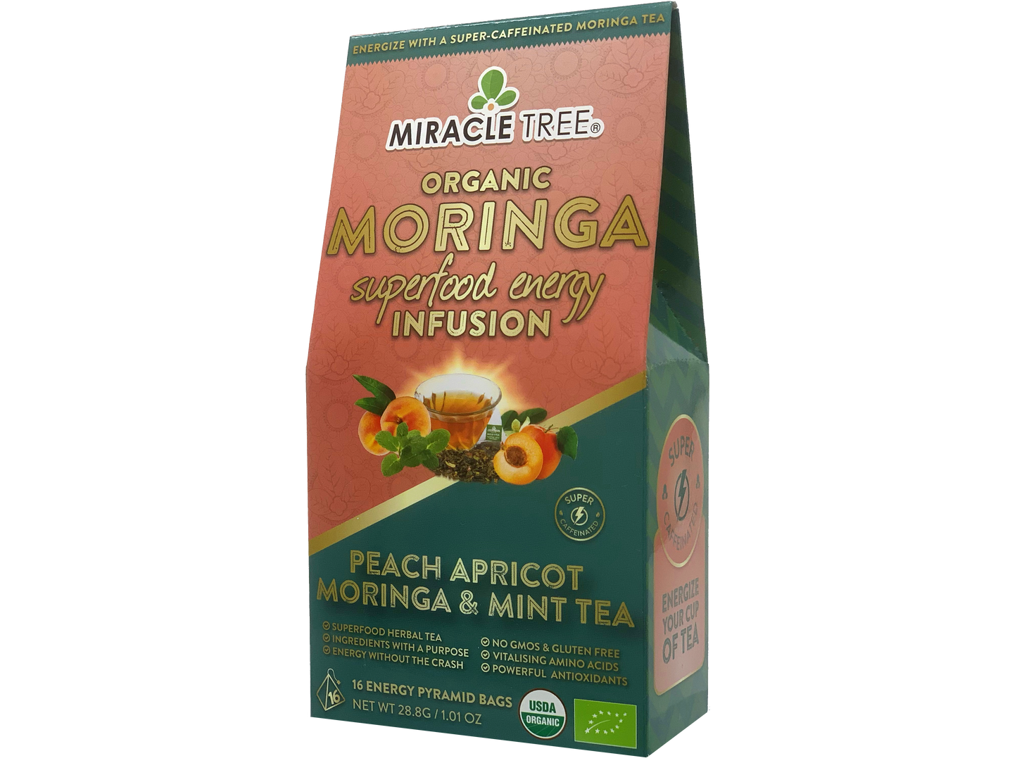 Té energético de moringa de Miracle Tree, melocotón, menta y albaricoque