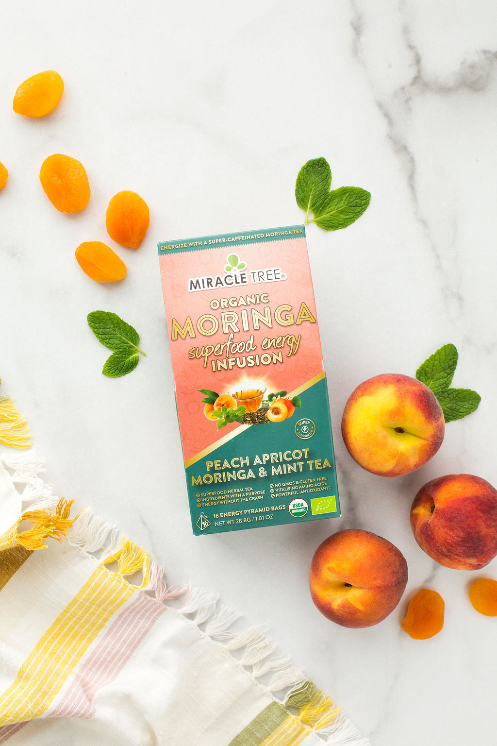 Té energético de moringa de Miracle Tree, melocotón, menta y albaricoque